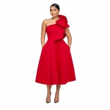 Red Sleeveless Solid Bow Shoulder Fashion Formal Prom Skirt Dress