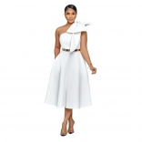 White Sleeveless Solid Bow Shoulder Fashion Formal Prom Skirt Dress
