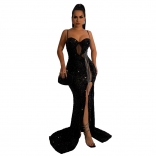 Black Off Shoulder Sequins Mesh Sexy Elegant Prom Rhinestone Tassels Maxi Dress