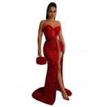 Red Off Shoulder Sequins Mesh Sexy Elegant Prom Rhinestone Tassels Maxi Dress