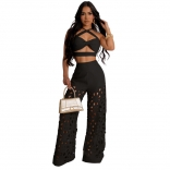 Black Sleeveless Straps Tops Cut Out Sexy Women Pant Sets Jumpsuits