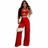Red Sleeveless Straps Tops Cut Out Sexy Women Pant Sets Jumpsuits