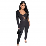 Black One Sleeve Mesh Sexy Belt Bodycon Jumpsuit Dress