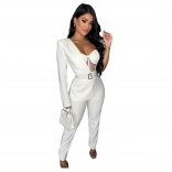 White One Sleeve Mesh Sexy Belt Bodycon Jumpsuit Dress