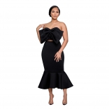 Black Off Shoulder Bow Strapless Two Pieces Pleated Skirt Sets