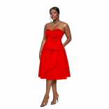 Red Off Shoulder Strapless Fashion Women Casual Midi Skirt Dress