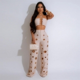 Beige Off Shoulder Strapless Crop Top Rings Hollow Out Casual Party Pant Sets