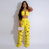 Yellow Off Shoulder Strapless Crop Top Rings Hollow Out Casual Party Pant Sets