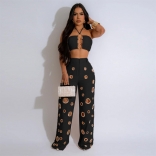 Black Off Shoulder Strapless Crop Top Rings Hollow Out Casual Party Pant Sets