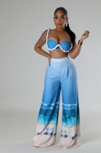 SkyBlue Strapless Two Pieces Printed Fashion Catsuit Jumpsuit Dress