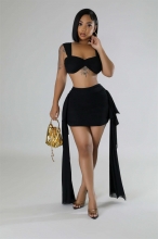 Black Straps Low Cut Crop Top Ruffles Mesh Sexy Two Pieces Short Skirt Sets