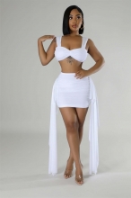 White Straps Low Cut Crop Top Ruffles Mesh Sexy Two Pieces Short Skirt Sets