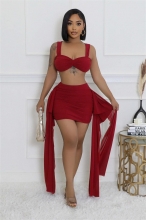 Red Straps Low Cut Crop Top Ruffles Mesh Sexy Two Pieces Short Skirt Sets