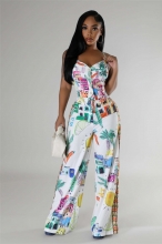 White Halter V Neck Printed Fashion Two Pieces Pant Sets Dress