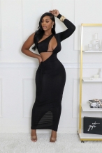 Black One Sleeve Cut Out Sexy Party Snatched Evening Midi Dress