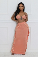 Pink Strapless Sexy Low Cut Bodycon Ruffles Two Pieces Midi Dress