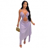 Purple Sleeveless Mesh See Through Bodycon Sexy Jumpsuit Dress