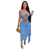 Blue Sleeveless Mesh See Through Bodycon Sexy Jumpsuit Dress