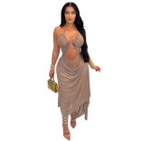 Coffee Sleeveless Mesh See Through Bodycon Sexy Jumpsuit Dress