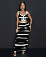 Black Striped Ruffles Tank Tops Pleated Midi Prom Dress