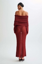 Claret Pleated Off Shoulder Yarn Sexy See Through Knitting Party Long Dress