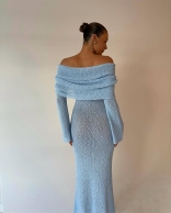 Blue Pleated Off Shoulder Yarn Sexy See Through Knitting Party Long Dress