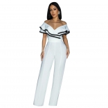 White Off Shoulder Ruffles Low Cut Sexy Office Prom Party Jumpsuit Dress