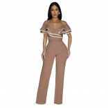 Khaki Off Shoulder Ruffles Low Cut Sexy Office Prom Party Jumpsuit Dress