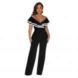 Black Off Shoulder Ruffles Low Cut Sexy Office Prom Party Jumpsuit Dress