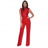 Red Sleeveles Lace Hollow Out Sexy Bodycon Casual Jumpsuit Rompers