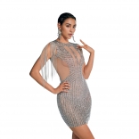 Beige Elegant Sleeveless Rhinestone Tassels Bodycon Party Prom Mini Dress