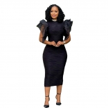 Black Mesh Ruffle Sleeve Pleated Women Party Bodycon Midi Dress