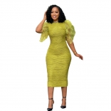 Light Green Mesh Ruffle Sleeve Pleated Women Party Bodycon Midi Dress
