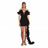 Black Off Shoulder V Neck Ruffles Bodycon Party Mini Dress