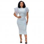 White Mesh Ruffle Sleeve Pleated Women Party Bodycon Midi Dress