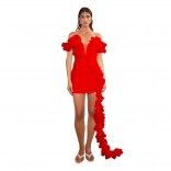 Black Off Shoulder V Neck Ruffles Bodycon Party Mini Dress