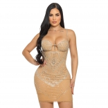 Beige Strapless Low Cut Sexy Rhinestone Bodycon Mesh See Through Mini Dress