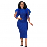 Blue Mesh Ruffle Sleeve Pleated Women Party Bodycon Midi Dress
