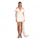 White Off Shoulder V Neck Ruffles Bodycon Party Mini Dress