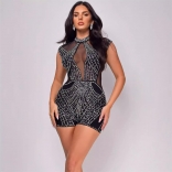 Black Sleeveless Mesh Sexy Rhinestone Party Sexy Rompers