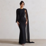 Black Mesh Satin Bodycon Elegant Women Long Dress