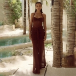 Coffee Strapless Low Cut Mesh See Through Sexy Prom Maxi Dress