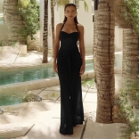 Black Strapless Low Cut Mesh See Through Sexy Prom Maxi Dress