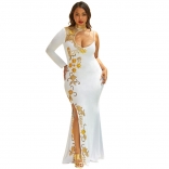 White One Sleeve Diamonds Bodycon Evening Prom Luxury Maxi Dress