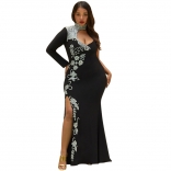 Black One Sleeve Diamonds Bodycon Evening Prom Luxury Maxi Dress