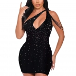 Black V Neck Sleeveless Tassels Rhinestone Bodycon Pearls Mini Dress
