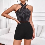 Black Sleeveless Halter Neck Diamonds Sexy Party Rompers