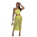 Yellow Halter Sleeveless Cut Put Sexy Lace Embroidery Party Midi Dress