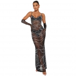 Black Strapless Mesh See Through Diamonds Prom Party Evening Long Dress without Gloves
