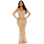 Beige Strapless Mesh See Through Diamonds Prom Party Evening Long Dress without Gloves